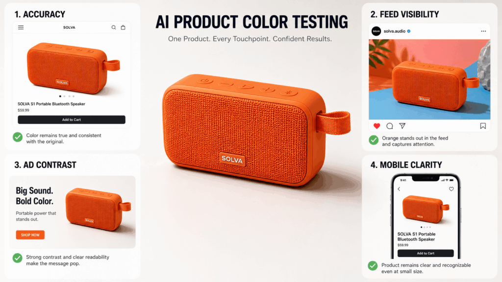 AI Product Color Testing board showing an orange portable speaker reviewed for product accuracy, feed visibility, ad contrast, and mobile clarity.