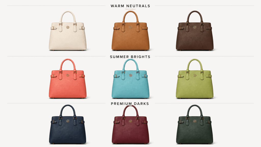 The same leather handbag shown in nine controlled colors across warm neutrals, summer brights, and premium dark color families.