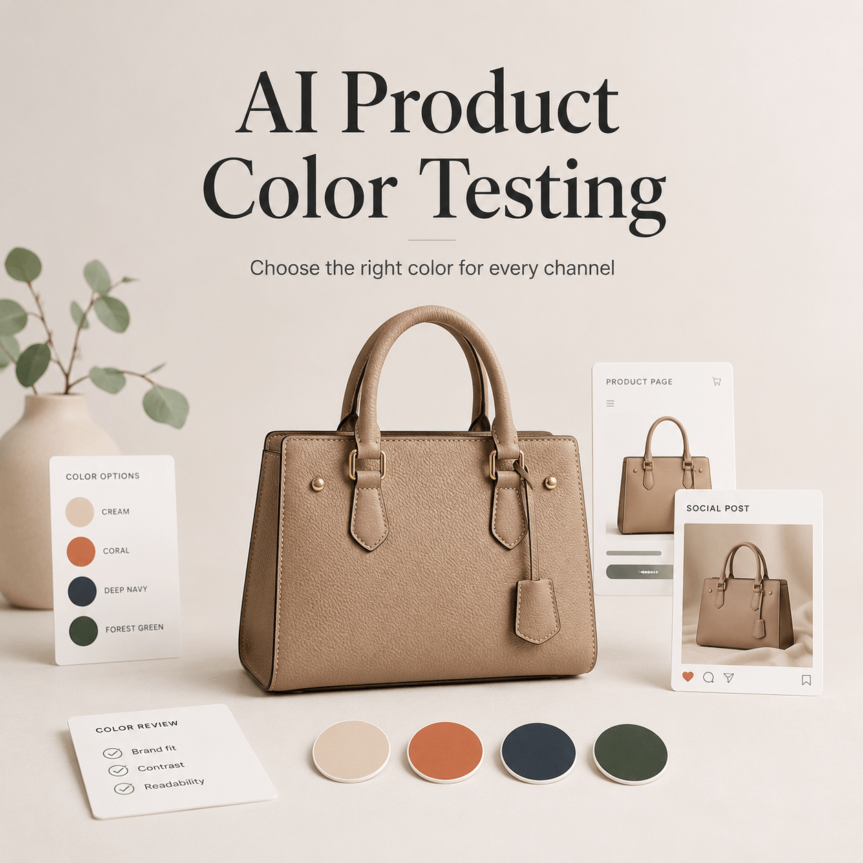 AI Product Color Testing cover featuring a structured leather handbag, four color options, and product page and social post previews.