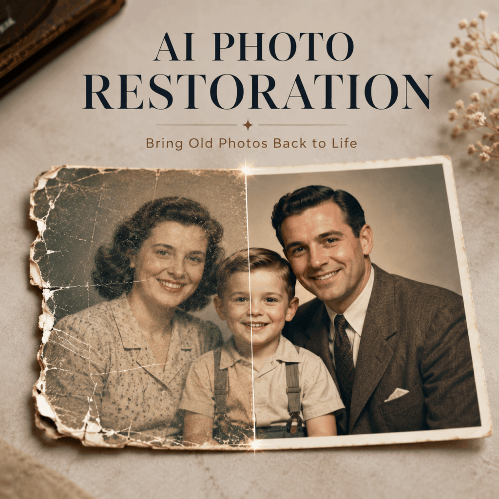 AI Photo Restoration cover showing a damaged vintage family photograph repaired into a clear, color-balanced portrait with restored faces and details.