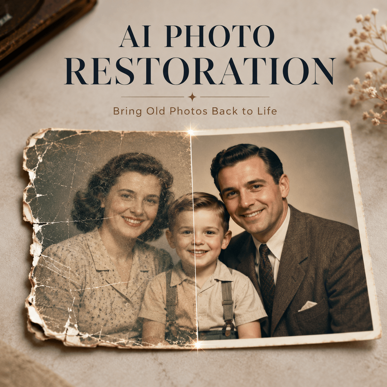 AI Photo Restoration cover showing a damaged vintage family photograph repaired into a clear, color-balanced portrait with restored faces and details.
