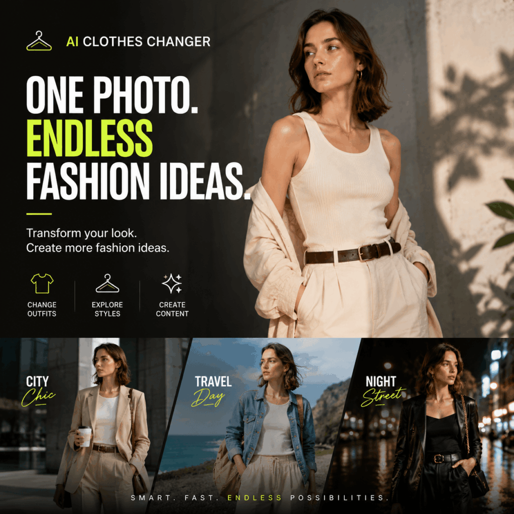 AI Clothes Changer: One Photo, Endless Fashion Ideas – WeShop AI Blog AI Clothes Changer fashion concept showing one person exploring multiple outfit styles from a single photo with modern fashion visuals.