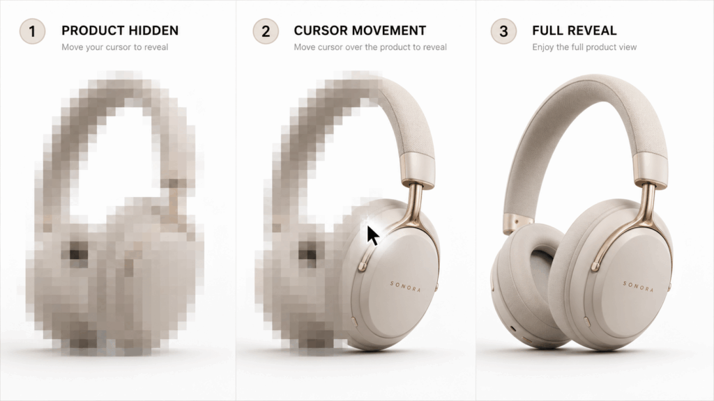 ChatGPT Image 2026年7月28日 19_18_02 1 – WeShop AI Blog Interactive product video workflow showing a headphone reveal process from pixelated hidden state to cursor movement and full product reveal.