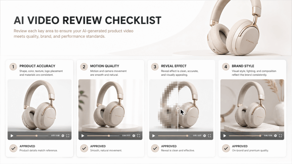 ChatGPT Image 2026年7月28日 19_23_10 1 – WeShop AI Blog AI Video Review Checklist showing four product video quality checks: product accuracy, motion quality, reveal effect, and brand style.