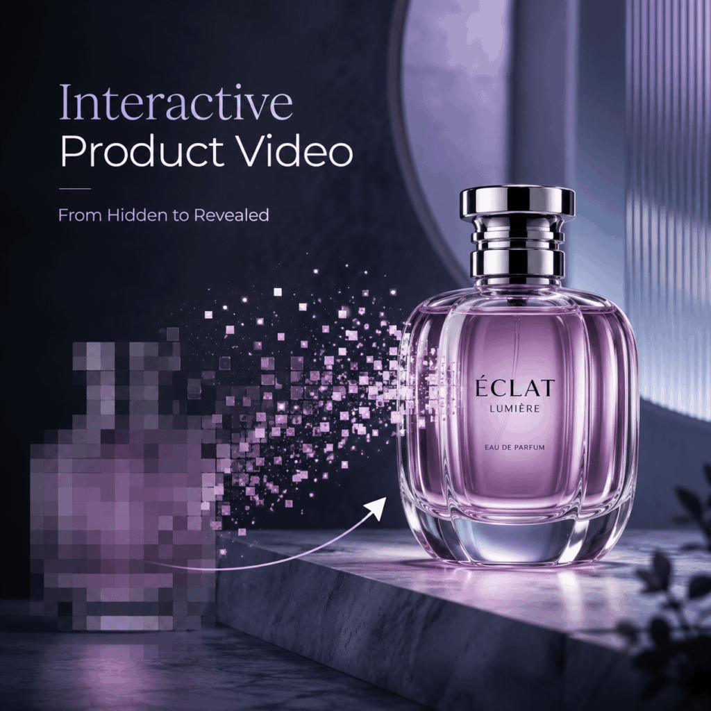 Interactive Product Video Cover with Product Reveal Effect – WeShop AI Blog Interactive Product Video cover image showing a purple perfume bottle being revealed from a pixelated hidden version, with floating mosaic particles and a clean editorial layout.