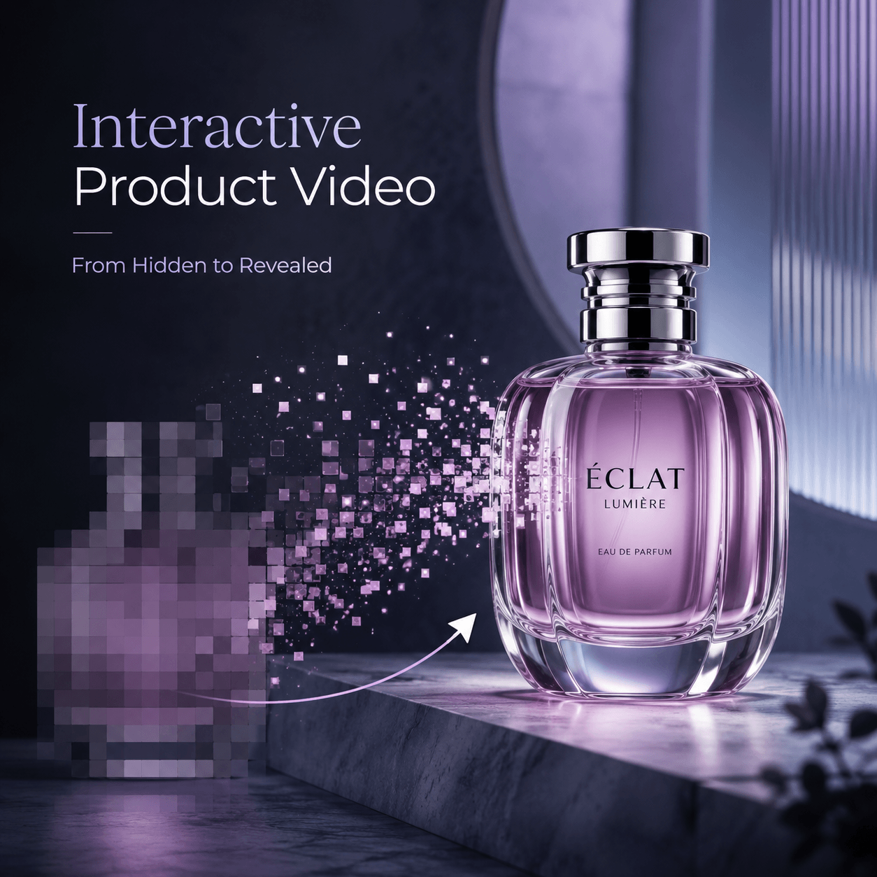 Interactive Product Video cover image showing a purple perfume bottle being revealed from a pixelated hidden version, with floating mosaic particles and a clean editorial layout.