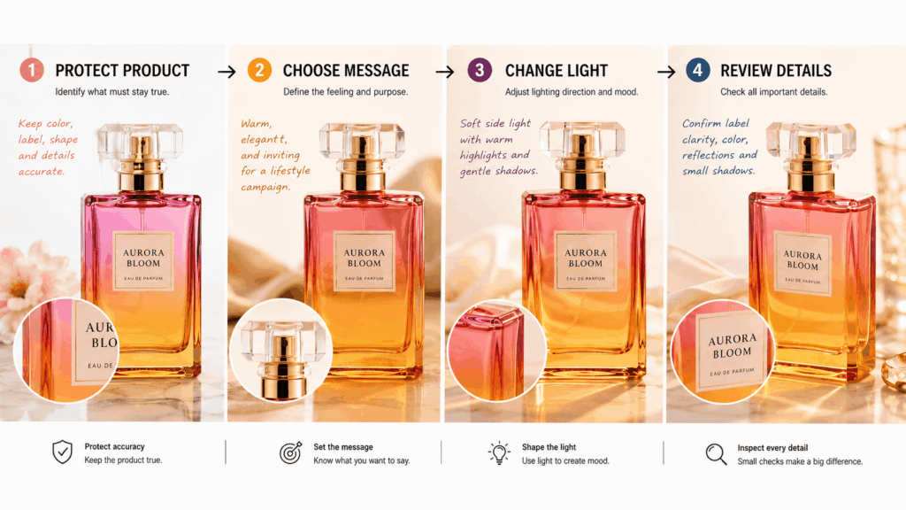 ChatGPT Image 2026年7月28日 23_43_44 1 – WeShop AI Blog AI Relight four-step workflow showing the same perfume bottle through product protection, message selection, lighting adjustment, and detail review.
