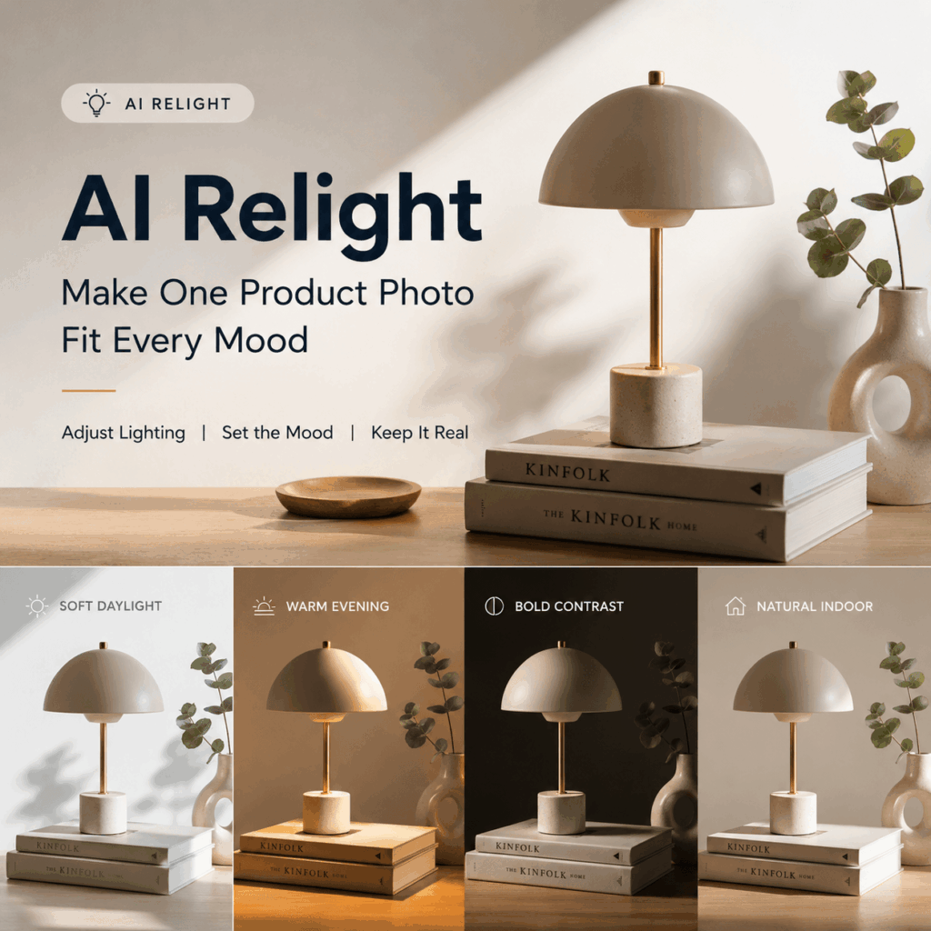 AI Relight Product Lighting Mood Comparison – WeShop AI Blog AI Relight cover image showing the same minimalist table lamp under soft daylight, warm evening light, bold contrast, and natural indoor lighting.