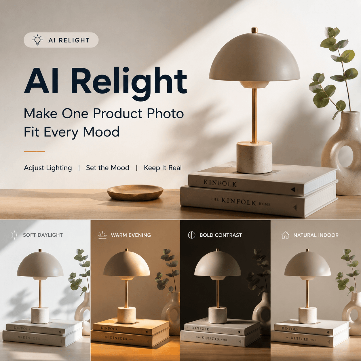 AI Relight cover image showing the same minimalist table lamp under soft daylight, warm evening light, bold contrast, and natural indoor lighting.
