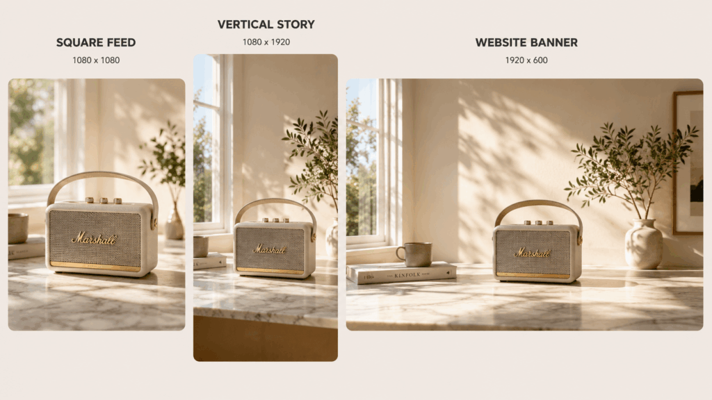 AI Image Expander comparison showing the same retro portable speaker adapted for a square social post, vertical Story, and wide website banner.