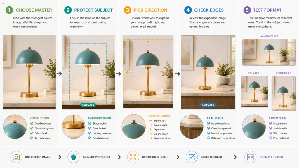 Five-step AI Image Expander workflow showing the same green table lamp through master image selection, subject protection, expansion direction, edge review, and multi-format testing.