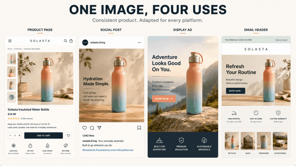 AI Image Expander content board showing the same insulated water bottle adapted for a product page, social post, display ad, and email header.