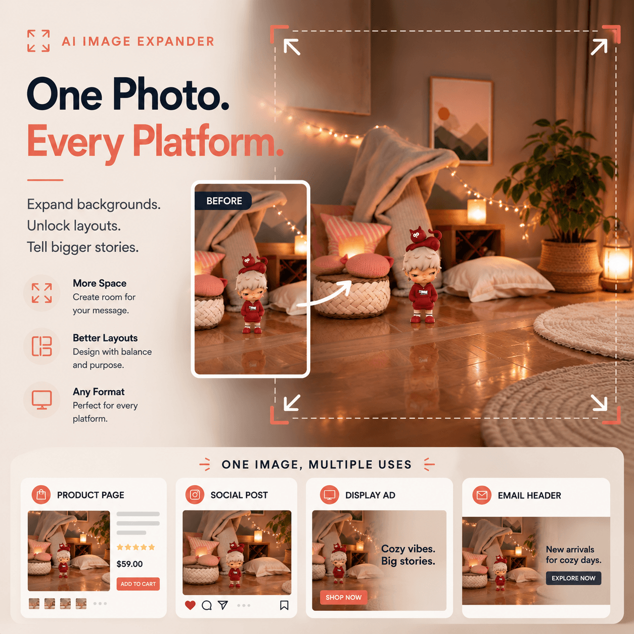 AI Image Expander cover showing a small collectible figure in a tightly cropped room and the same scene expanded for multiple digital platforms.