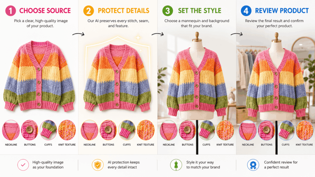 ChatGPT Image 2026年7月29日 01_24_14 1 – WeShop AI Blog AI Mannequin Generator four-step workflow showing the same colorful knitted cardigan through source selection, detail protection, mannequin styling, and final product review.