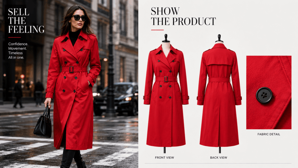 ChatGPT Image 2026年7月29日 01_30_00 1 – WeShop AI Blog AI Mannequin Generator comparison showing a model wearing a bright red trench coat beside matching mannequin front, back, and fabric detail views.