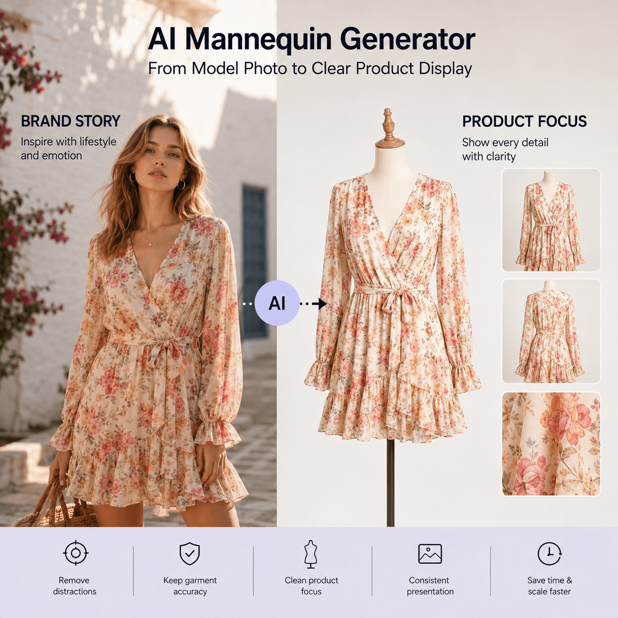 AI Mannequin Generator comparison showing a model wearing a floral wrap dress beside matching mannequin front, back, and fabric detail views.