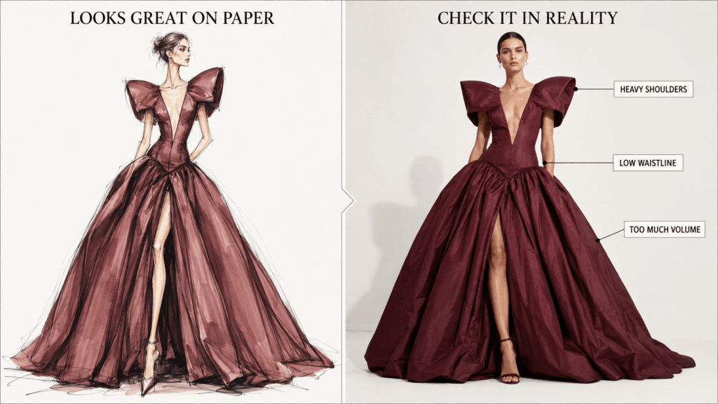 ChatGPT Image 2026年7月29日 22_45_25 1 – WeShop AI Blog Fashion design comparison showing a burgundy gown sketch beside a realistic model, with callouts for heavy shoulders, low waistline, and excess volume.