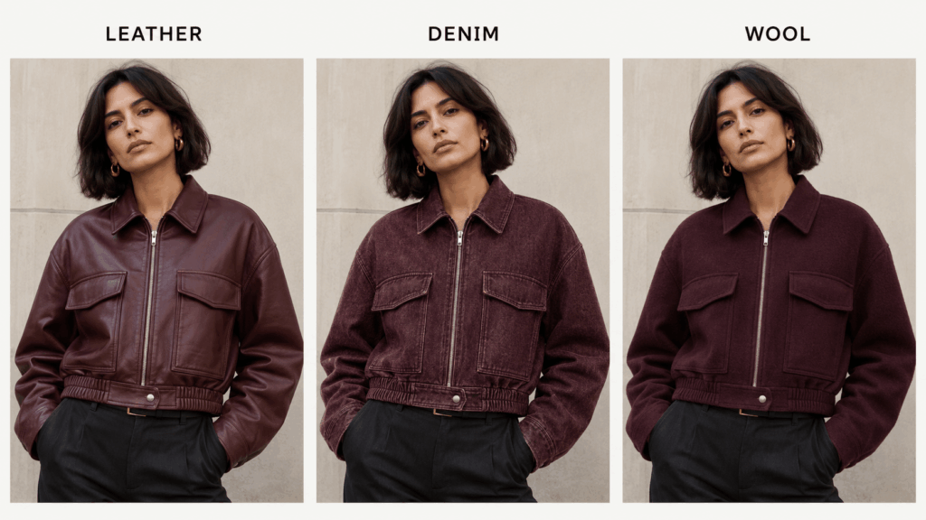 ChatGPT Image 2026年7月29日 22_53_13 1 – WeShop AI Blog Three-panel fashion comparison showing the same burgundy cropped jacket and model in leather, denim, and wool materials.