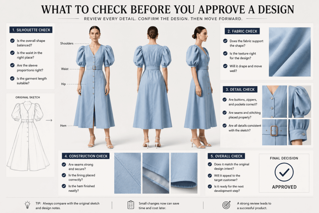 ChatGPT Image 2026年7月29日 23_05_00 1 – WeShop AI Blog Fashion design review board showing a light blue puff-sleeve dress from front, back, and side views with silhouette, fabric, detail, construction, and final approval checks.