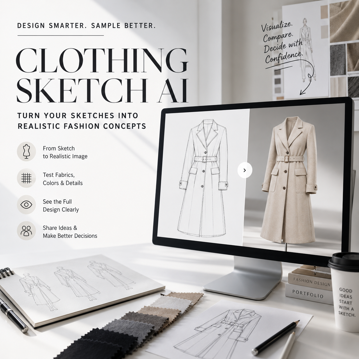 Clothing Sketch AI cover showing a fashion design sketch transformed into a realistic belted coat on a studio monitor.