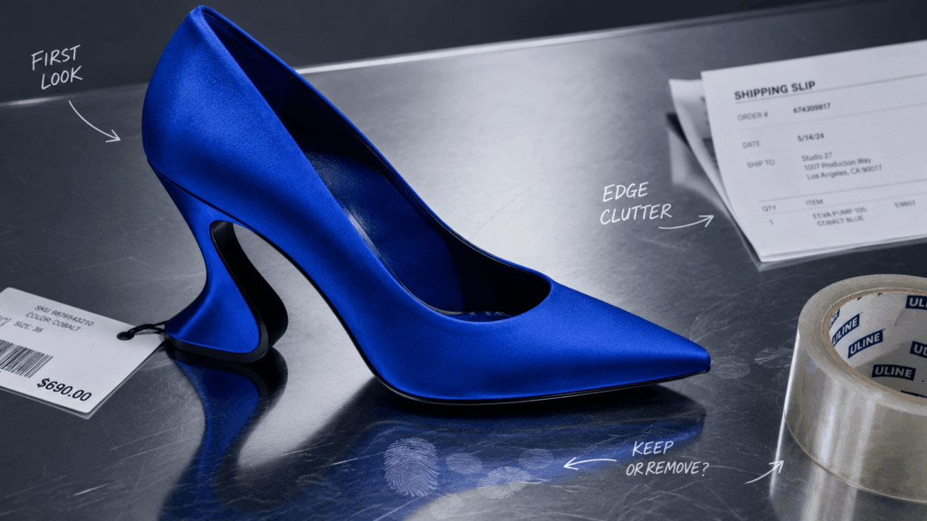 ChatGPT Image 2026年7月29日 23_46_47 1 – WeShop AI Blog Cobalt blue high heel on a reflective metal surface with a price tag, shipping slip, tape roll, fingerprints, and photo audit callouts.