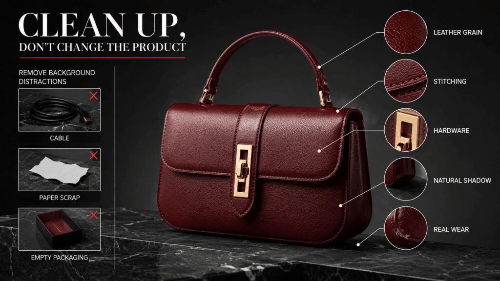 ChatGPT Image 2026年7月29日 23_50_28 1 – WeShop AI Blog Editorial product review board showing a dark cherry leather handbag with removable distractions on the left and essential product details like leather grain, stitching, hardware, shadow, and wear highlighted on the right.
