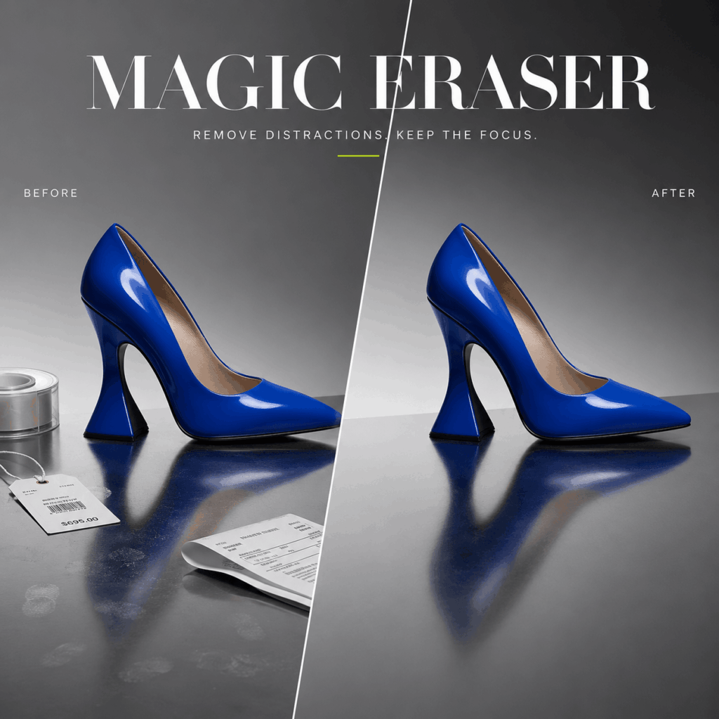 Magic Eraser Blue Heel Photo Cleanup – WeShop AI Blog Magic Eraser before-and-after comparison showing a blue high heel with tags, receipts, and fingerprints removed from the product photo.