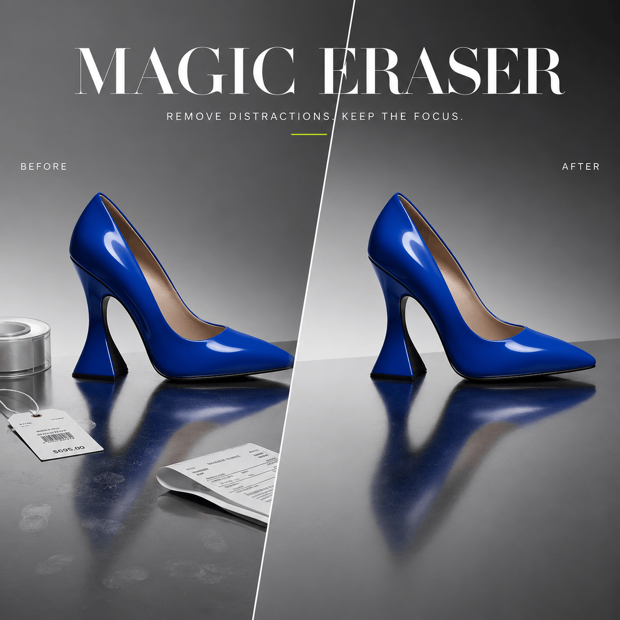 Magic Eraser before-and-after comparison showing a blue high heel with tags, receipts, and fingerprints removed from the product photo.