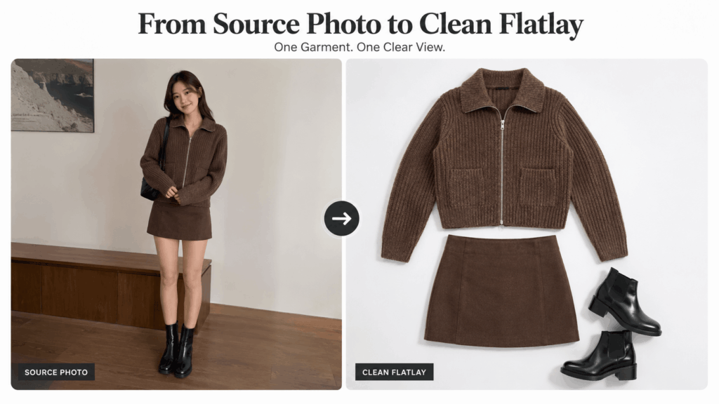 ChatGPT Image 2026年7月30日 03_08_48 1 – WeShop AI Blog Before-and-after fashion comparison showing a model in a brown knit outfit transformed into a clean flatlay with the jacket, skirt, and black ankle boots.
