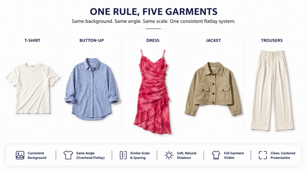 ChatGPT Image 2026年7月30日 03_14_00 1 – WeShop AI Blog Five-garment flatlay comparison showing a T-shirt, striped shirt, pink dress, cropped jacket, and trousers with consistent backgrounds, angles, scale, spacing, and shadows.