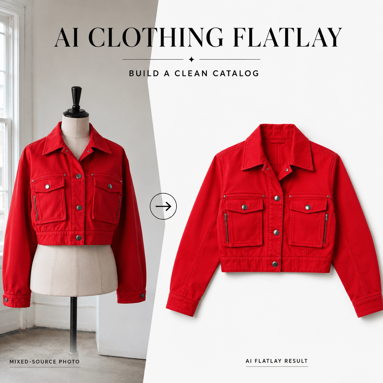 AI Clothing Flatlay cover showing a red cropped jacket transformed from a mannequin photo into a clean overhead product flatlay.