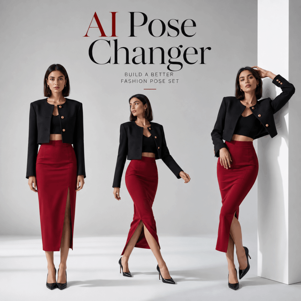 AI Pose Changer Fashion Pose Set – WeShop AI Blog AI Pose Changer cover showing the same fashion model in three poses while wearing a black cropped jacket, black top, and red midi skirt.