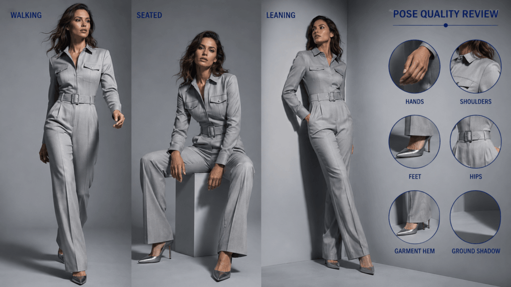 ChatGPT Image 2026年7月30日 03_44_33 1 – WeShop AI Blog Fashion pose review board showing the same model in a silver-gray jumpsuit walking, seated, and leaning, with close-ups of hands, feet, shoulders, hips, garment hem, and ground shadow.
