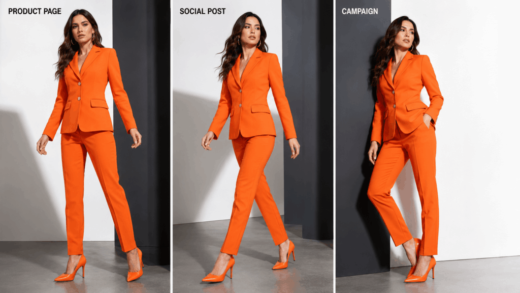 ChatGPT Image 2026年7月30日 03_50_04 1 – WeShop AI Blog Same fashion model in a vivid orange tailored suit shown in product page, social post, and campaign poses within a modern studio.