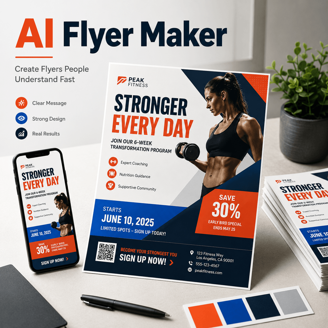 AI Flyer Maker displaying a fitness promotion flyer across print and mobile formats with a clear offer, date, and call to action.