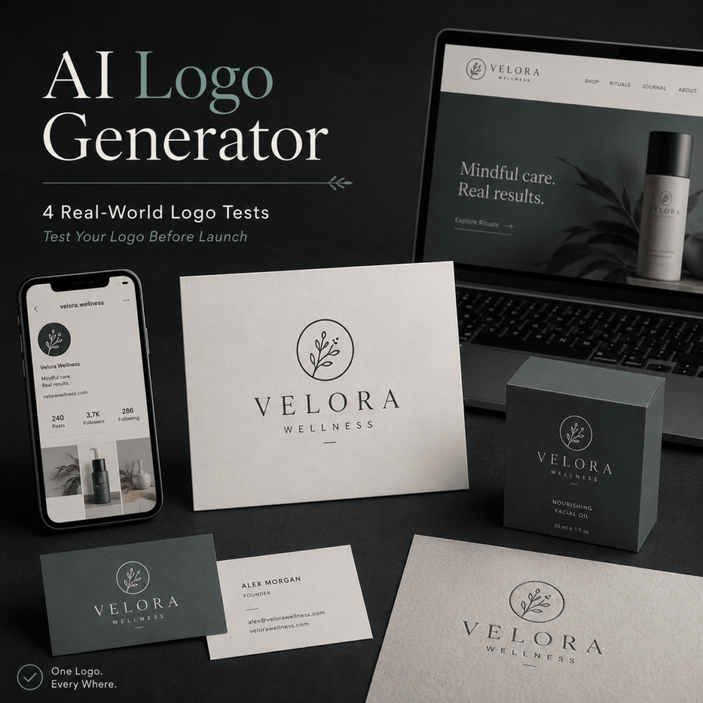 AI Logo Generator Real-World Logo Tests – WeShop AI Blog AI Logo Generator cover showing one elegant wellness logo applied consistently across a social profile, website header, product packaging, business cards, and printed materials.