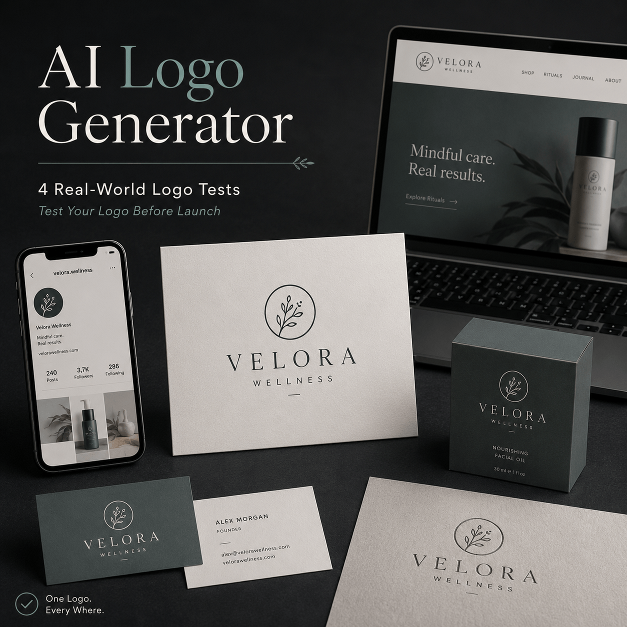 AI Logo Generator cover showing one elegant wellness logo applied consistently across a social profile, website header, product packaging, business cards, and printed materials.