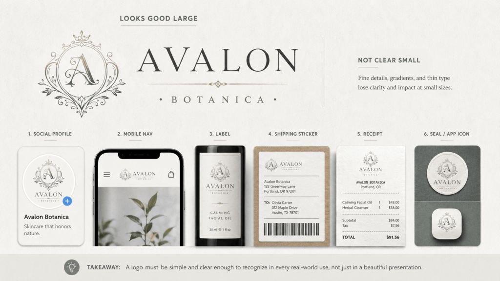 ChatGPT Image 2026年7月31日 01_16_35 1 – WeShop AI Blog Detailed Avalon Botanica logo tested across a social profile, mobile navigation, product label, shipping sticker, receipt, and app icon to reveal small-size readability problems.