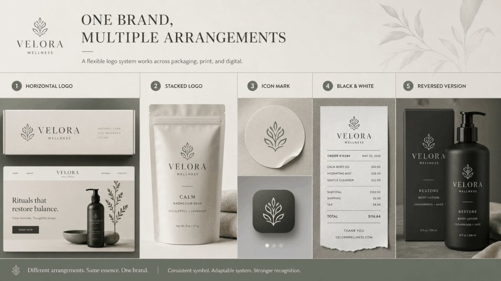 ChatGPT Image 2026年7月31日 01_20_15 1 – WeShop AI Blog Velora Wellness logo system shown in horizontal, stacked, icon, black-and-white, and reversed versions across packaging, digital, and printed applications.
