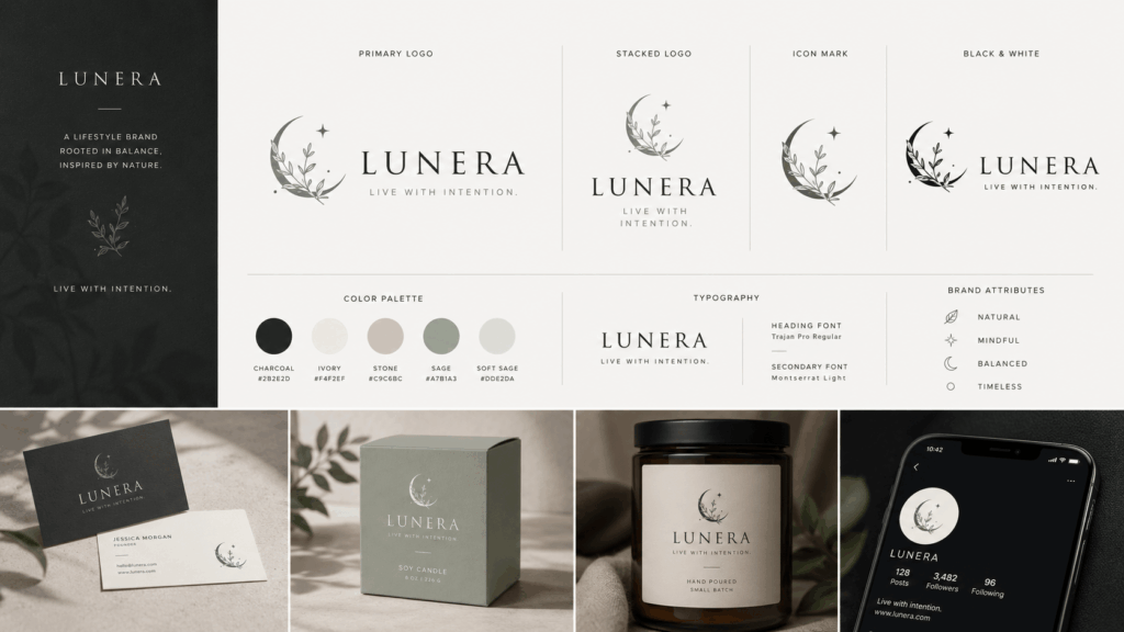 ChatGPT Image 2026年7月31日 01_28_57 1 – WeShop AI Blog Lunera lifestyle brand logo shown in primary, stacked, icon, and black-and-white versions with matching business cards, product packaging, candle label, and social profile.