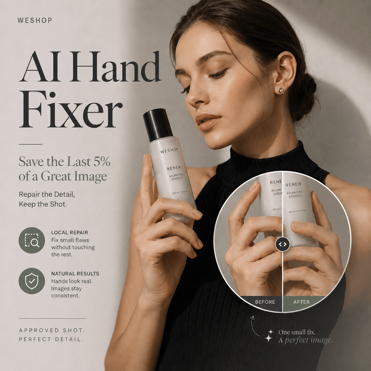 AI Hand Fixer cover showing a beauty model holding a skincare bottle with a magnified before-and-after hand repair comparison.