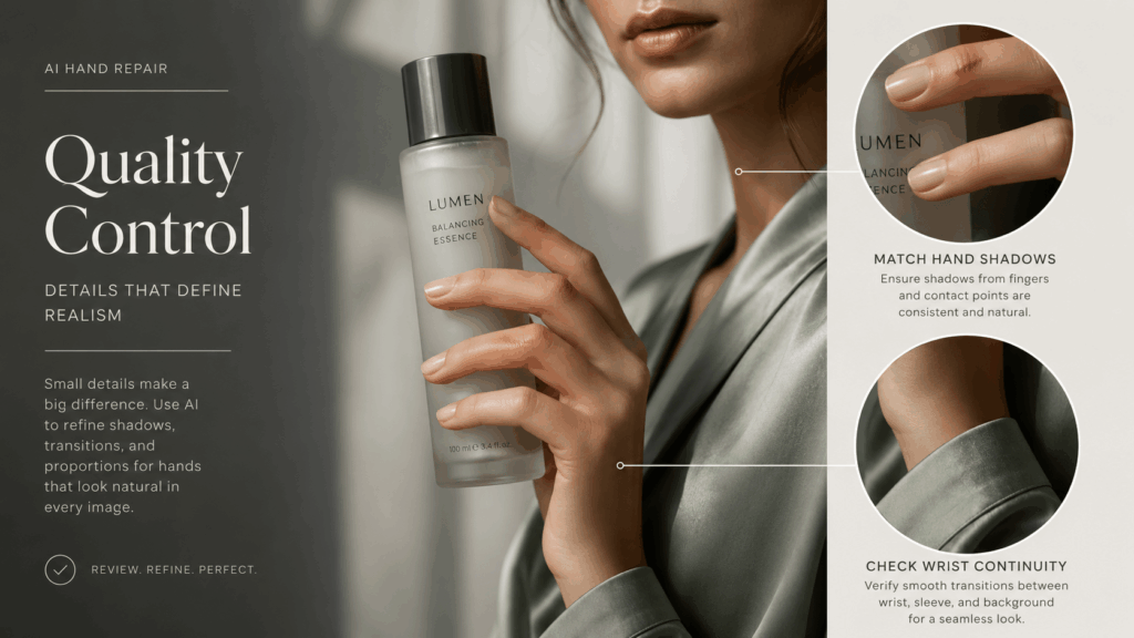 ChatGPT Image 2026年7月31日 12_50_17 1 – WeShop AI Blog AI hand repair quality control showing a model holding a skincare bottle with close-up checks for natural finger shadows and smooth wrist continuity.