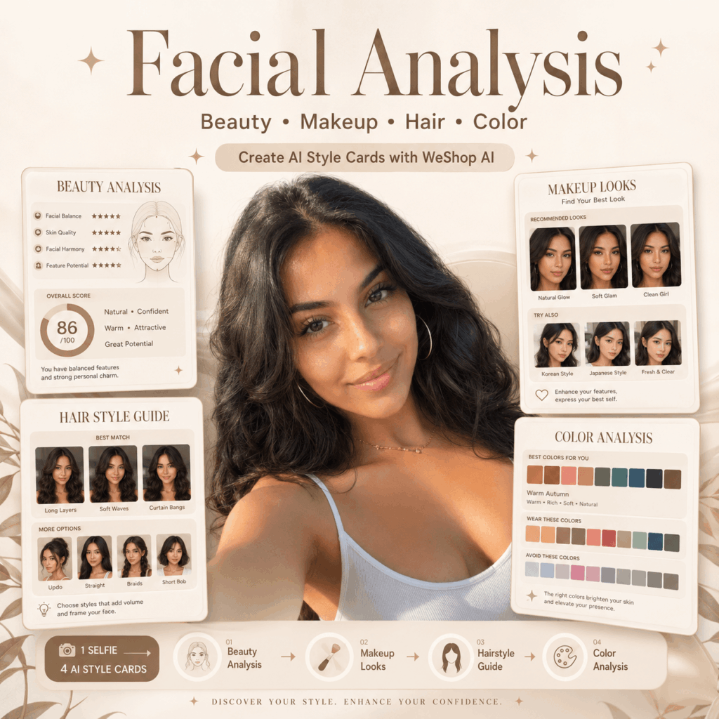 Showing how WeShop AI turns one selfie into AI style cards for beauty, makeup, hair, and color analysis.