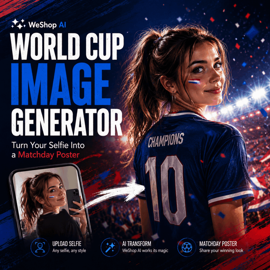 ChatGPT Image 2026年7月3日 04_24_28 1 – WeShop AI Blog A WeShop AI World Cup Image Generator blog cover showing a casual selfie becoming a cinematic football poster with a custom jersey, stadium lights, and matchday atmosphere.