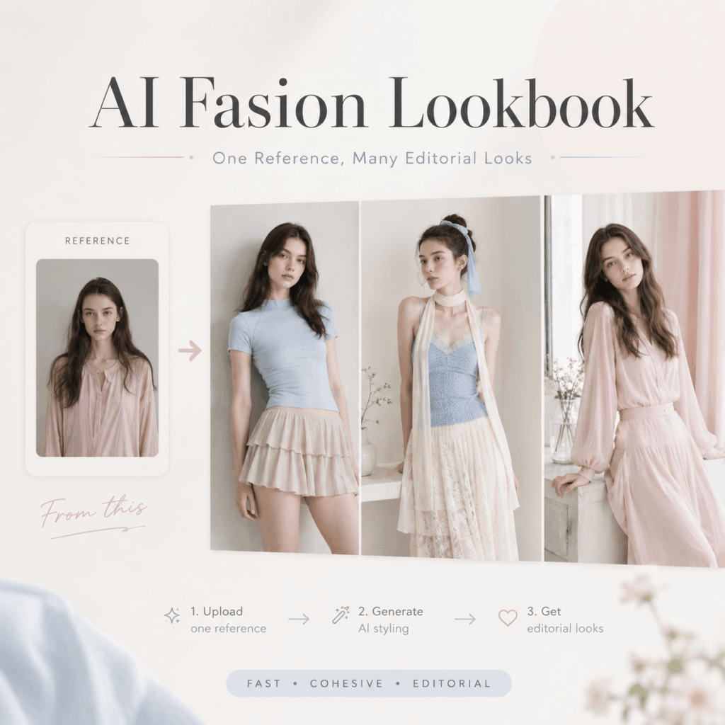 Showing one reference portrait transformed into multiple soft editorial fashion looks.
