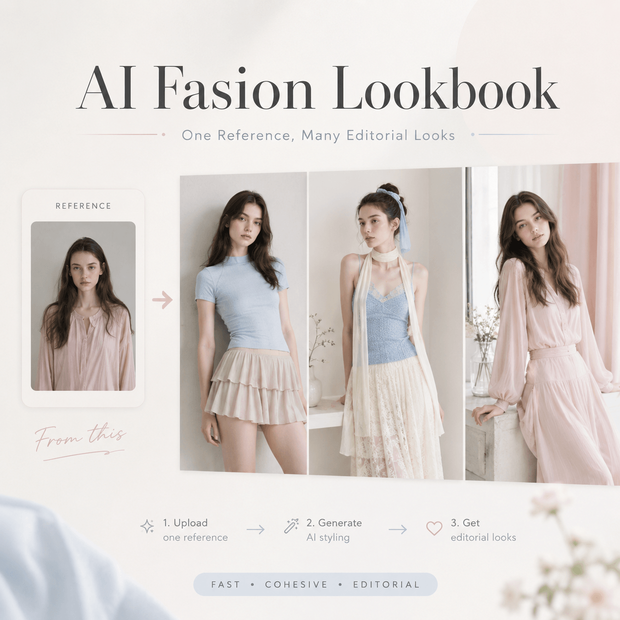 Showing one reference portrait transformed into multiple soft editorial fashion looks.