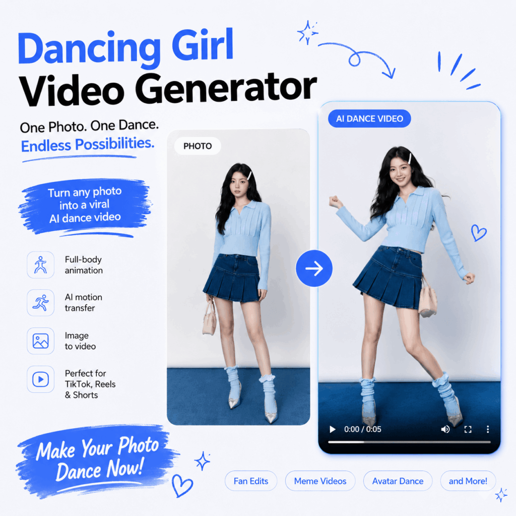 Dancing Girl Video Generator turns a full-body fashion photo into an AI dance video with motion transfer, avatar dance, meme video, and short-form social media content features.