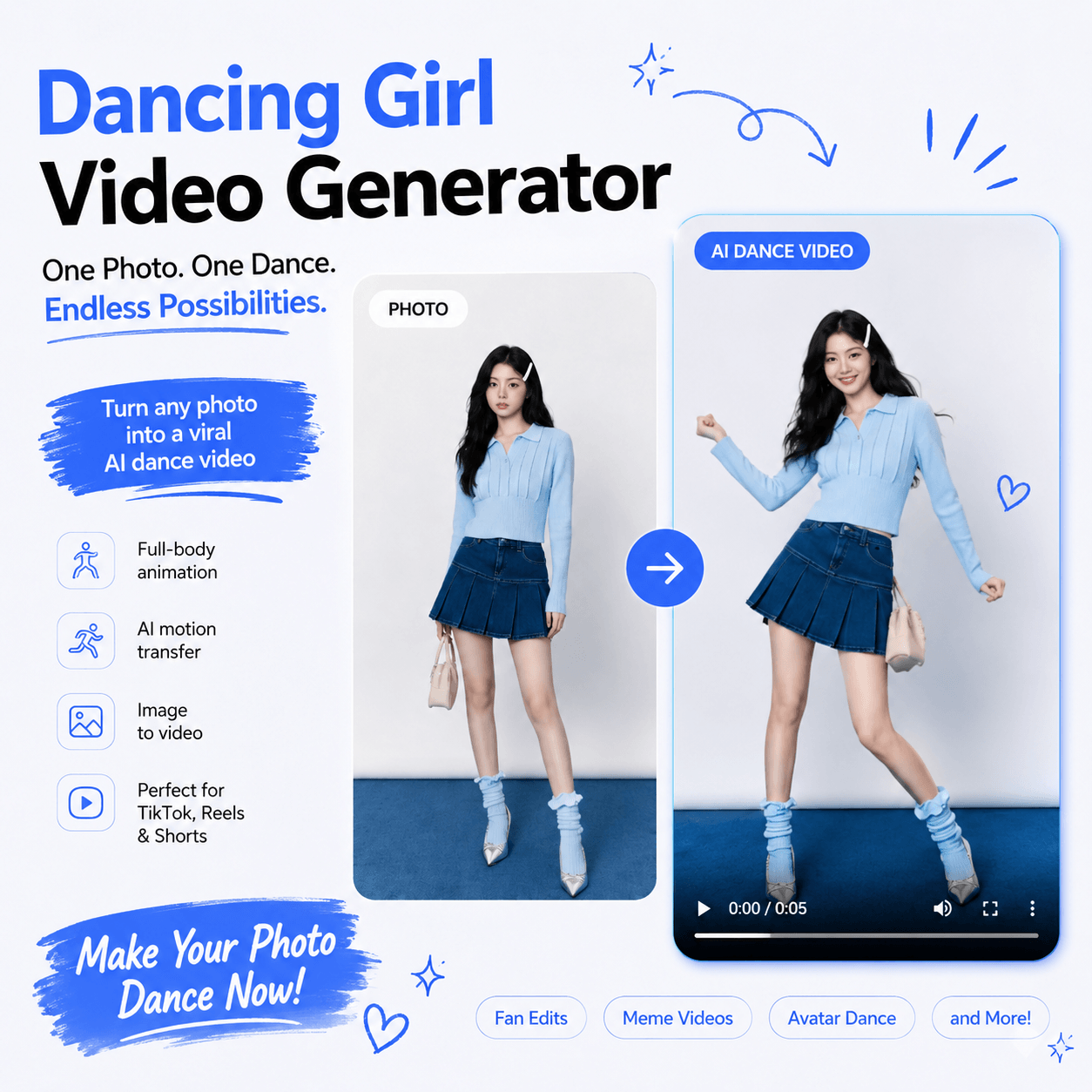 Dancing Girl Video Generator turns a full-body fashion photo into an AI dance video with motion transfer, avatar dance, meme video, and short-form social media content features.