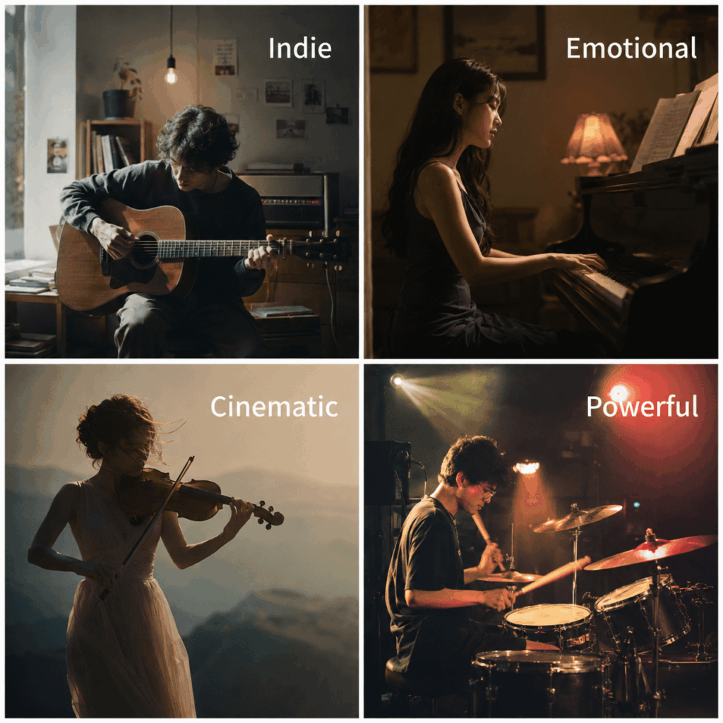 A four-panel collage showing guitar, piano, violin, and drums in different moods labeled Indie, Emotional, Cinematic, and Powerful for an AI instrument playing video blog.