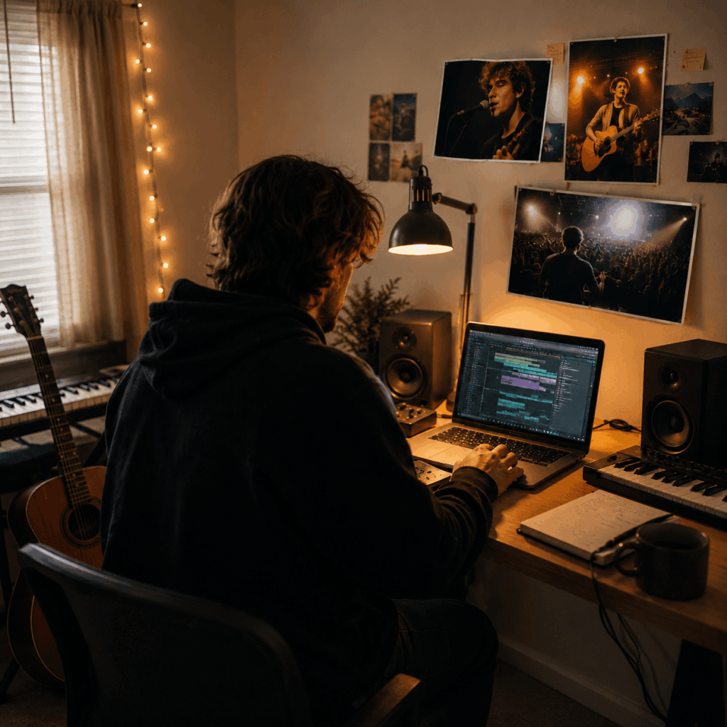 A bedroom music producer creates an AI instrument playing video on a laptop, with stage performance visuals on the wall for indie music promotion.